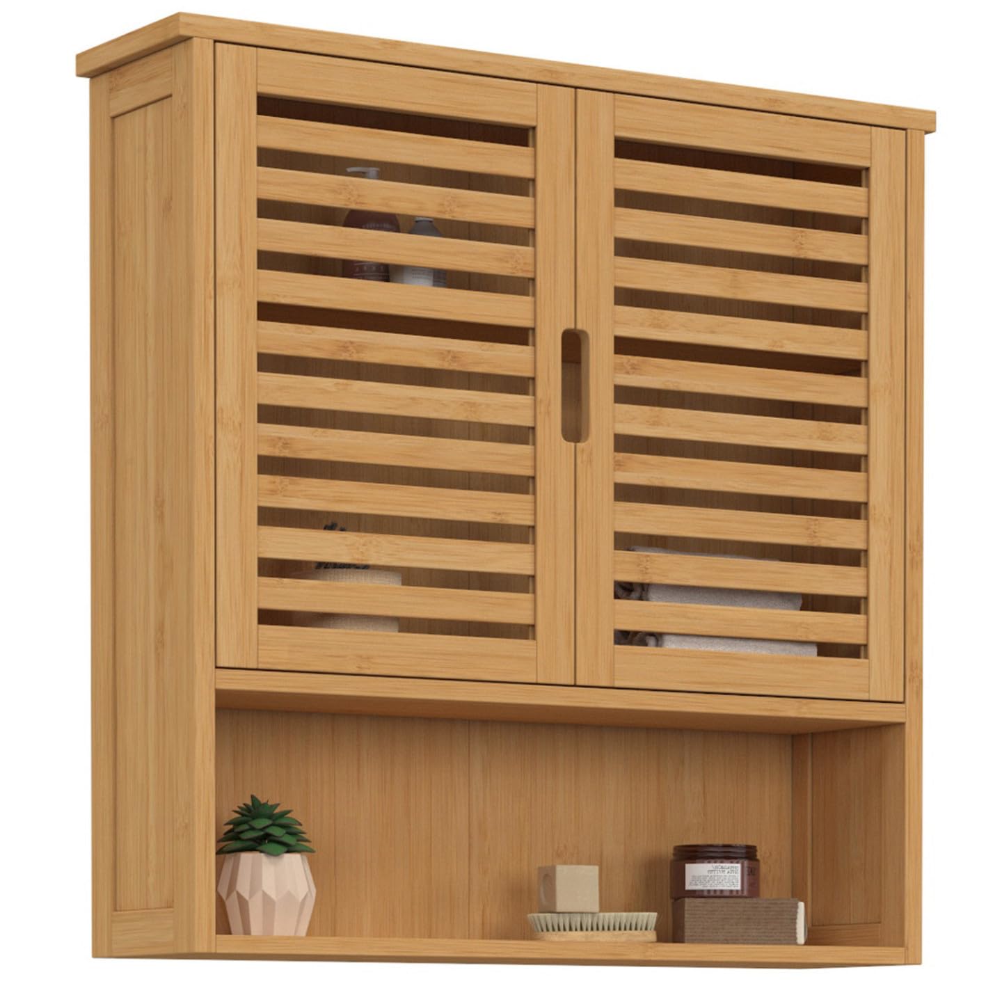 IDMarket - Meuble de Rangement Suspendu pour Salle de Bain Bambou BEA 2 Portes et étagère