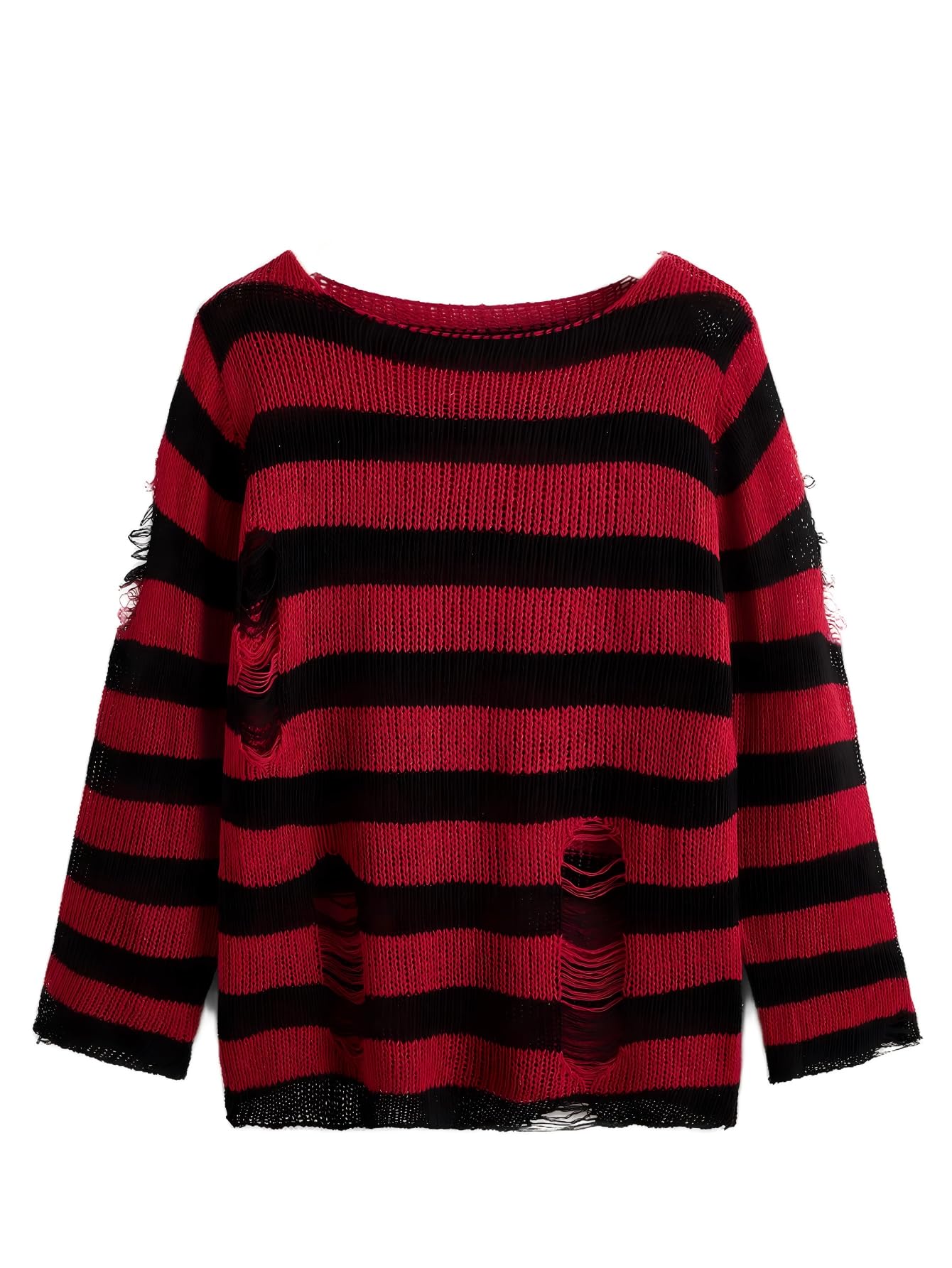 Distressed Striped Knit Sweater Red and Black Long Sleeve Grunge Style Oversized Fit