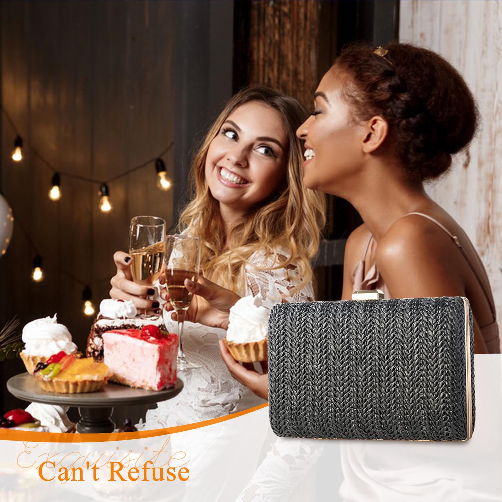 CORIOS Damen Strohtasche Abendtasch Frauen Gewebte Tasche Hochzeit Brautbörse Elegante Clutch Tasche Klein Tasche Formale Handtasche Schultertasche Luxuriös Umhängetasche für Bankett-Party Schwarz