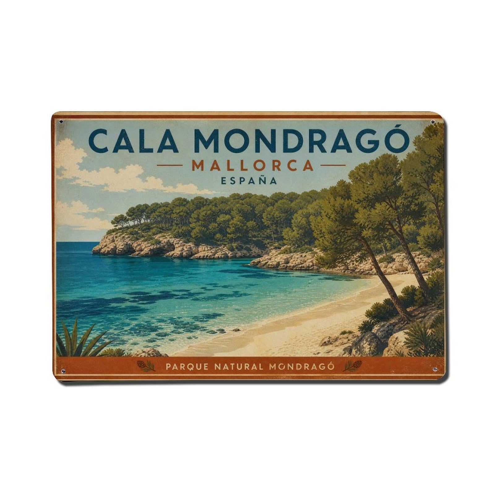 Fyrn Style Metal Tin Sign Vintage Travel Cala Mondrago Mallorca Protected Beach Park