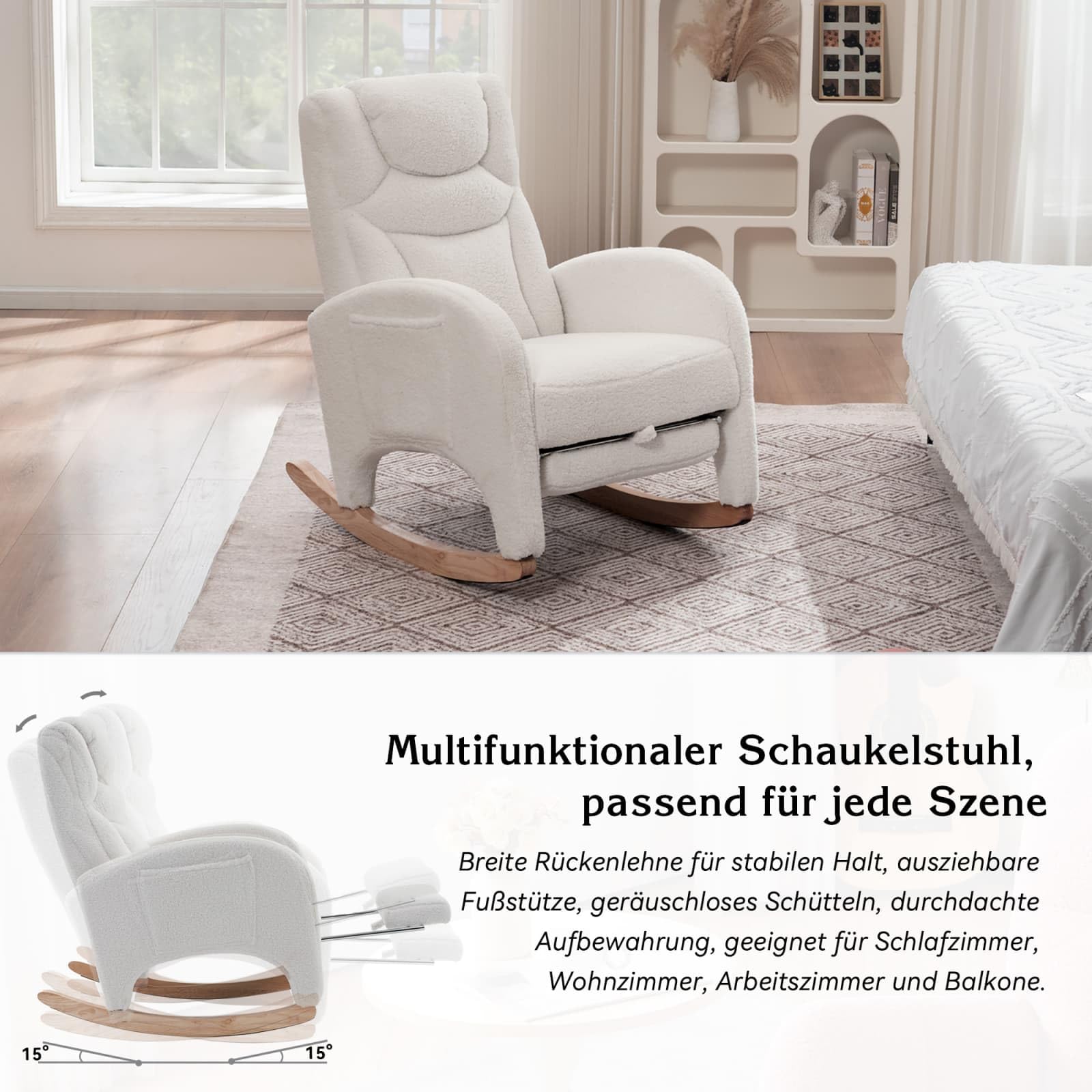 KOMHTOM Fauteuil à Bascule avec Repose-Pieds Escamotable, Fauteuil de Salon avec Structure en Bois et Poche de Rangement Latérale, Tissu Peluche Teddy (Blanc)