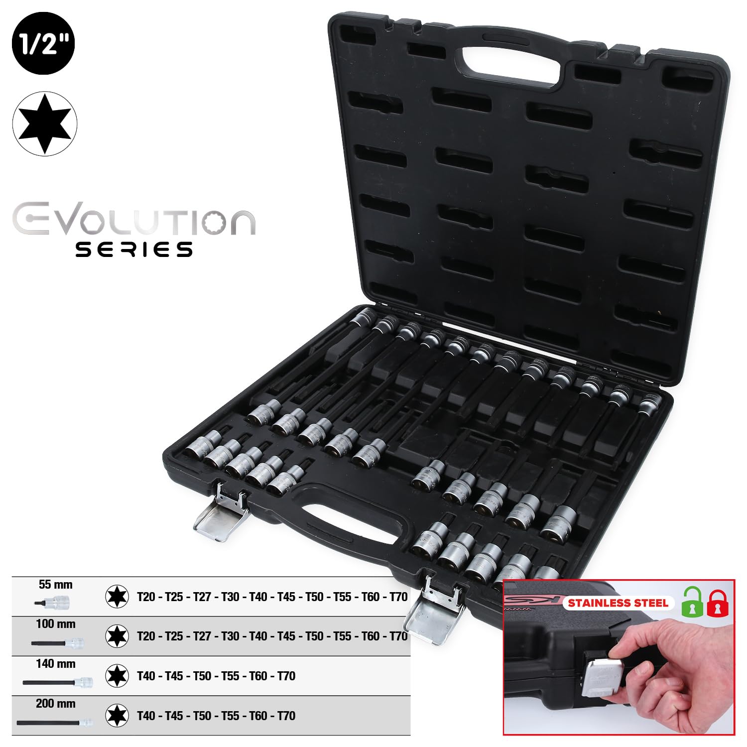 KS Tools 911.4550 EVOLUTION Series 1/2" Bit-Stecknuss-Satz für Torx® Schrauben, 32-tlg