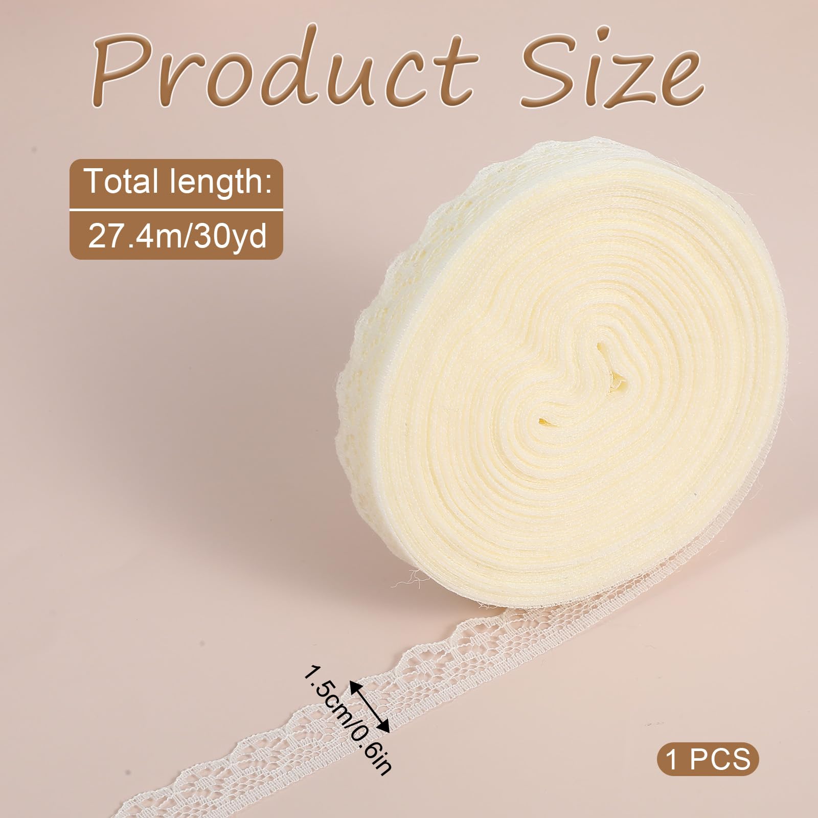 30 Yards Beige Lace Ribbon Roll 0.6 Inch Wide Sewing Lace Ribbon Flower Fabric Trim Sewing Crafts Lace for Wedding Decoration, Bouquet, and Gift Packaging