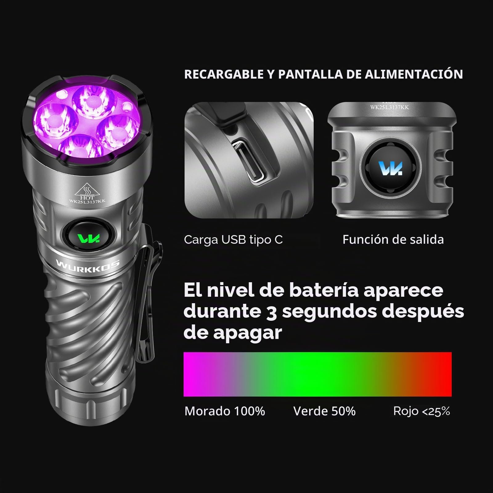 Wurkkos TS26 3470lm Linterna LED Recargable, IPX8, USB-C | Batería 5000mAh, alcance 194m, Anduril UI, cuerpo de aluminio aeronáutico, ideal para camping y emergencias