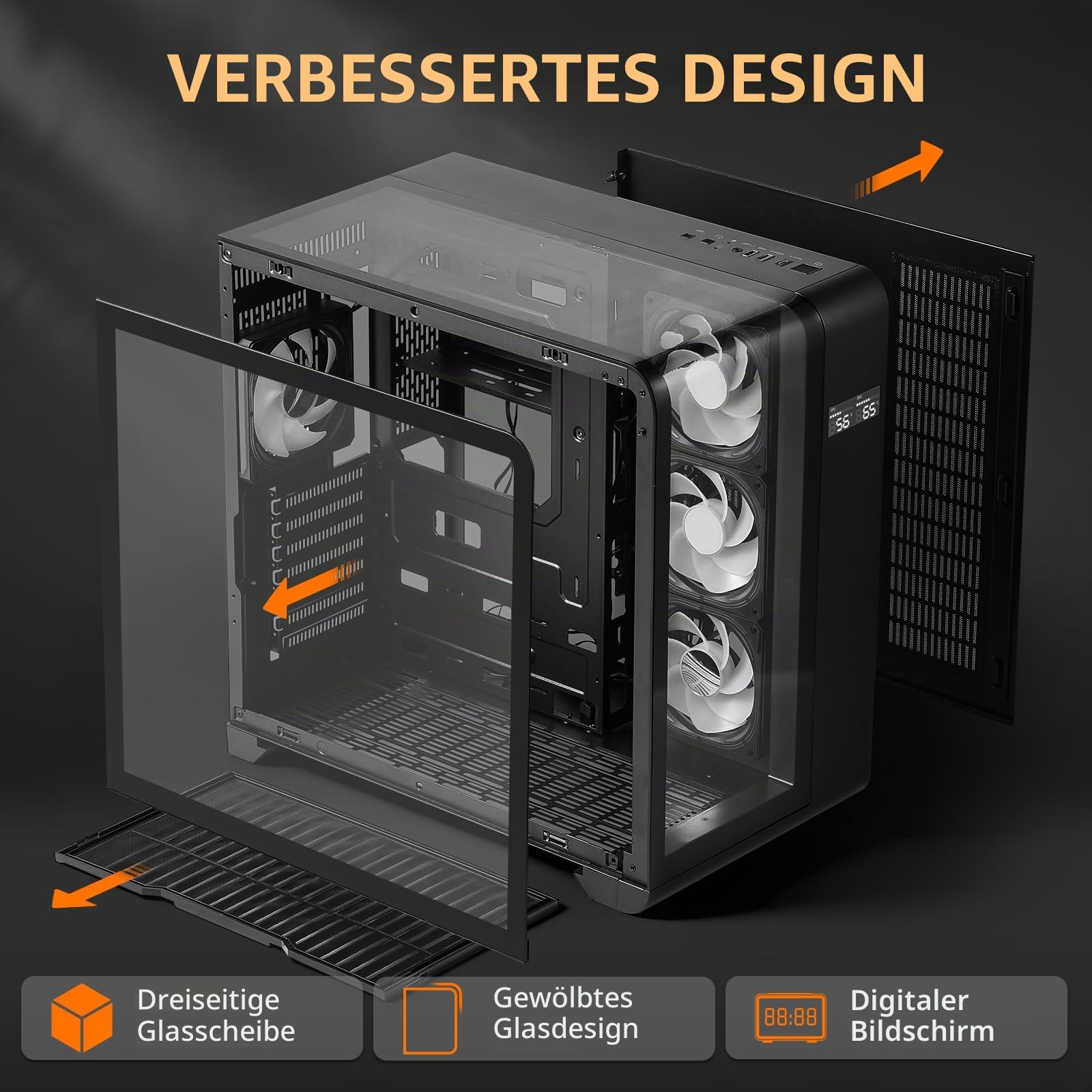 darkFlash ATX Mid-Tower PC-Gehäuse mit Bildschirm, DREI Seiten Glas, gebogenes Full View Dual Gaming PC Gehäuse, 4 PWM ARGB Lüfter, Computergehäuse vorinstalliert, Typ C, RTX 40 kompatibel, Schwarz
