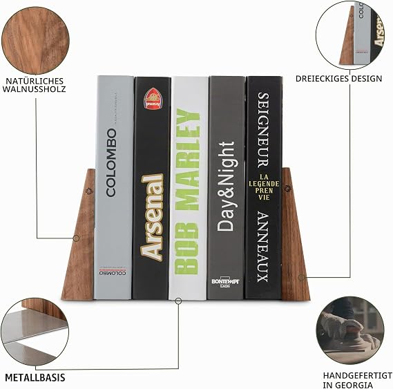 TILISMA Handmade Walnut Bookends for Shelves Bookends Made of Wood with Metal Base Book Holder for Heavy Books Modern Decorative Book Accessories to Keep Books Feast on the Bookshelf