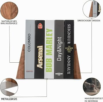 TILISMA Handmade Walnut Bookends for Shelves Bookends Made of Wood with Metal Base Book Holder for Heavy Books Modern Decorative Book Accessories to Keep Books Feast on the Bookshelf