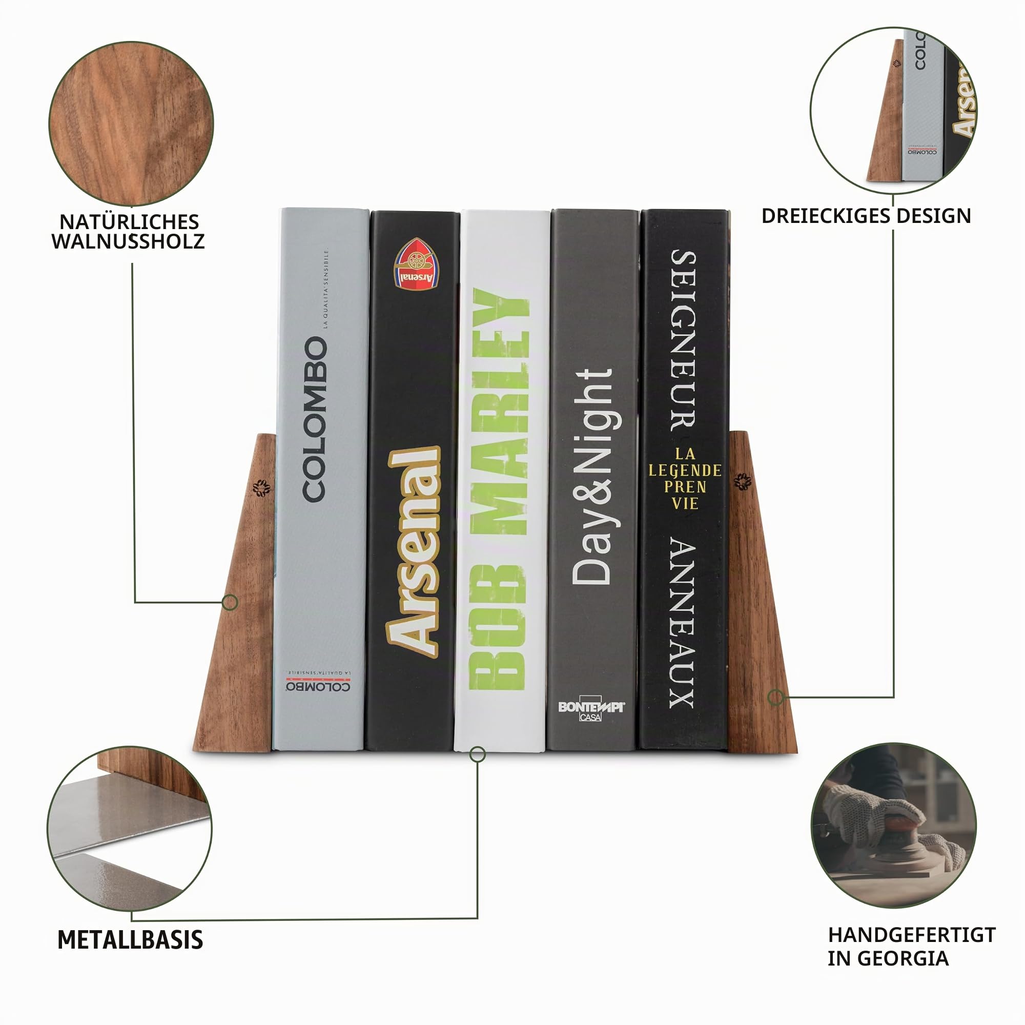 TILISMA Handgefertigte Walnuss Buchstützen für Regale-Bucherstützen aus Holz mit Metallbasis-Buchhalter für Schwere Bücher-Modernes, Dekoratives Buchzubehör, um Bücher Fest im Bücherregal zu Halten