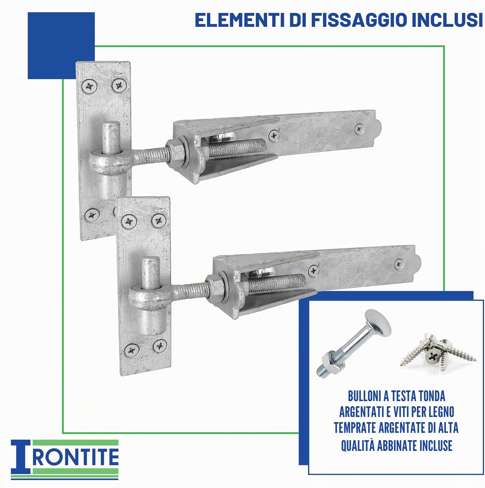 IRONTITE® Cerniere regolabili per cancelli in legno, resistenti, 250 mm, gancio e fascia per cancelli in legno, cerniere zincate a gancio e fascia con fissaggi inclusi. (zincate)