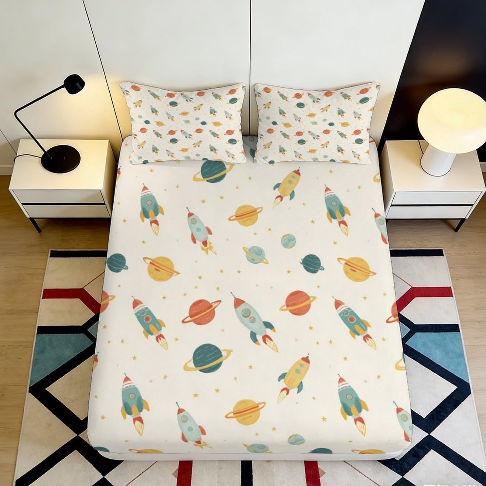 3D Printed Space Rocket Fitted Sheet Microfiber Soft Breathable Planet Mattress Cover for Bedroom Dorm Decor 90x200x25cm