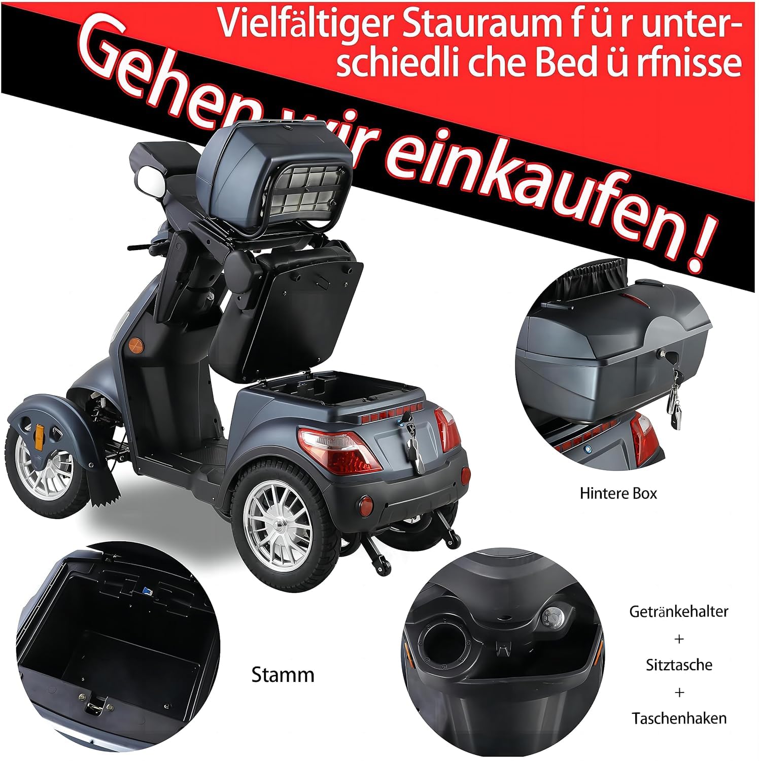 Scooter électrique à 4 roues avec 3 vitesses, grand espace de stockage, tête et accoudoirs réglables et dossier. Convient pour différents terrains avec phares, feux arrière et réflecteurs. Poids