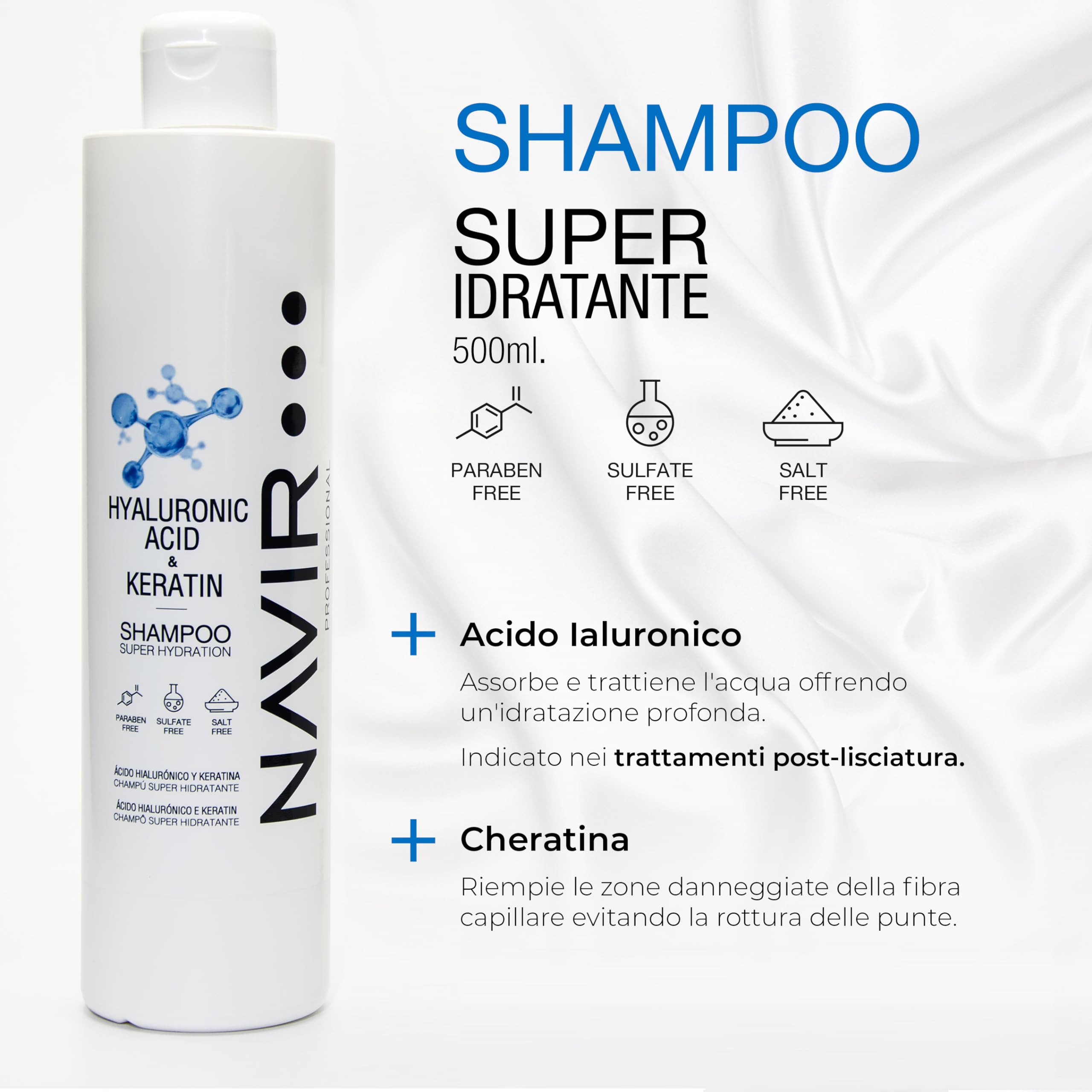 NAVIR Professionale | Kit professionale capelli con acido ialuronico – Shampoo 500ml + maschera 200ml + balsamo 200ml – Idratazione intensa post trattamento lisciante – Senza solfati – 3 prodotti