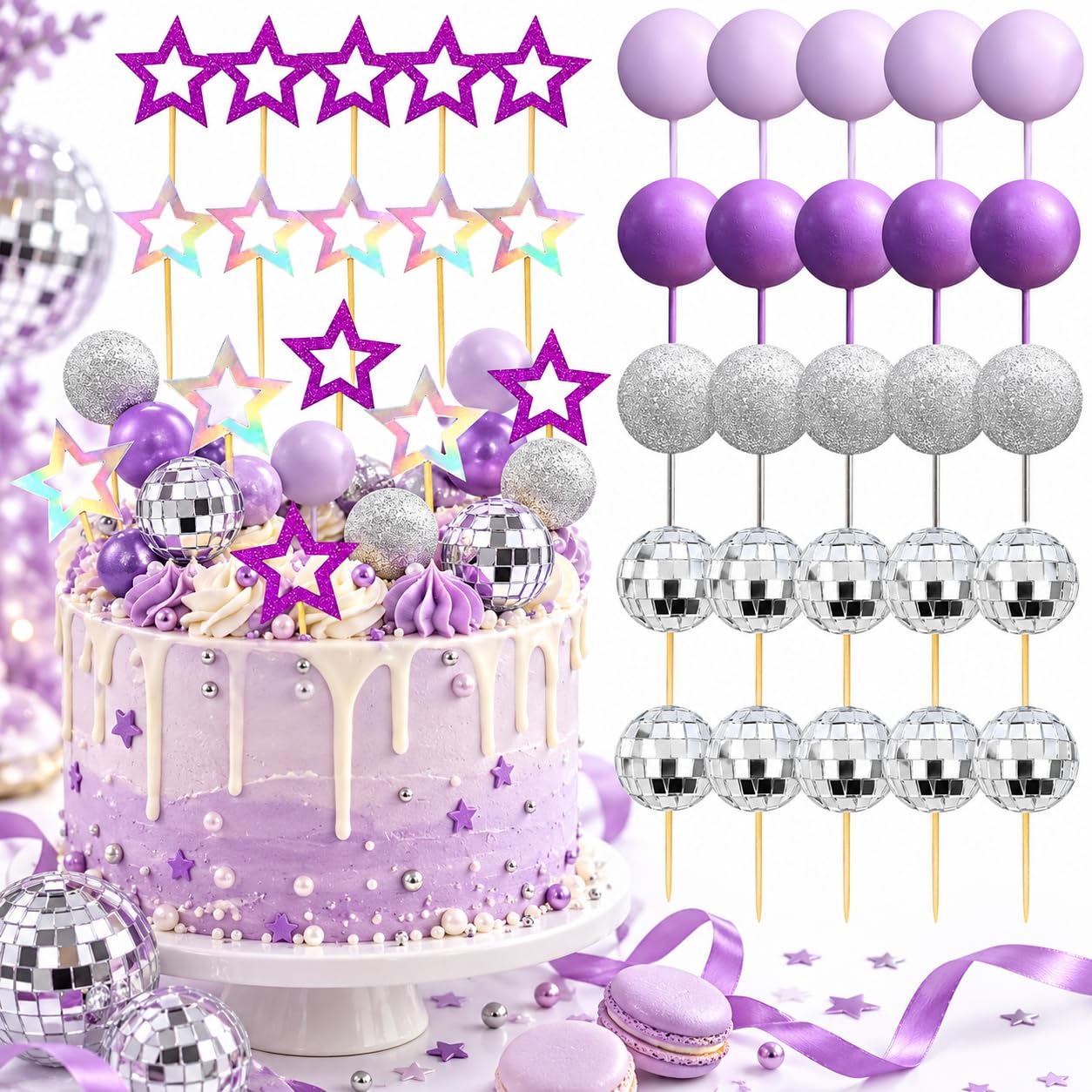 35PCS Disco Ball Cake Topper, Disco Ball Cake Decorations Set with Mini Disco Balls for Disco Party Decorations, Birthday Cake Topper with Silver Party Decorations, Purple and Silver Colours