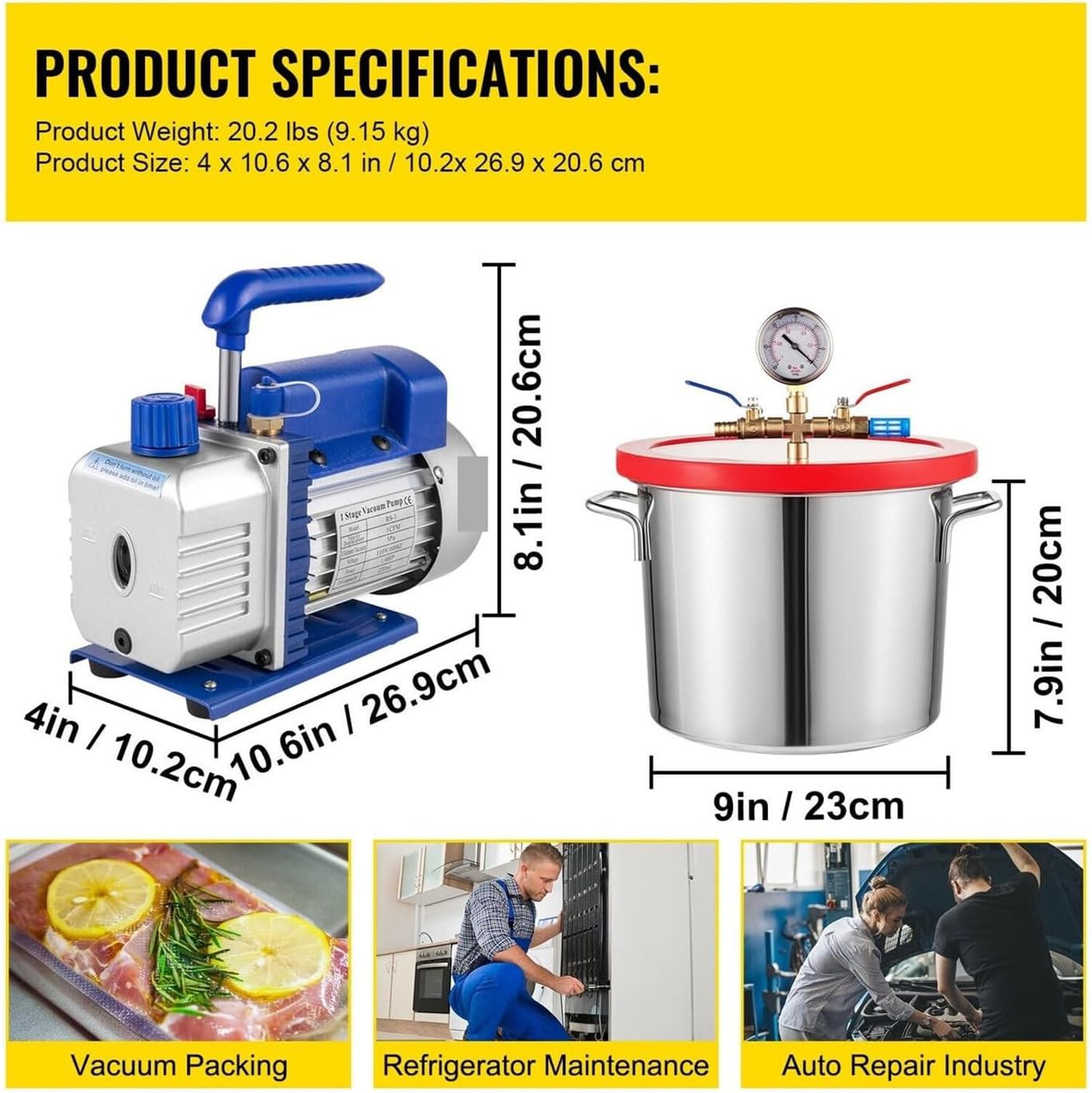 1,5/2/3/5 Gallonen Vakuumkammer Mit 5 Cfm Einstufiger Pumpe, Großes Vakuumkammer-Entgasungs-Kältemittel-Set Für DIY-Harzguss/Silikone,8L/2Gal