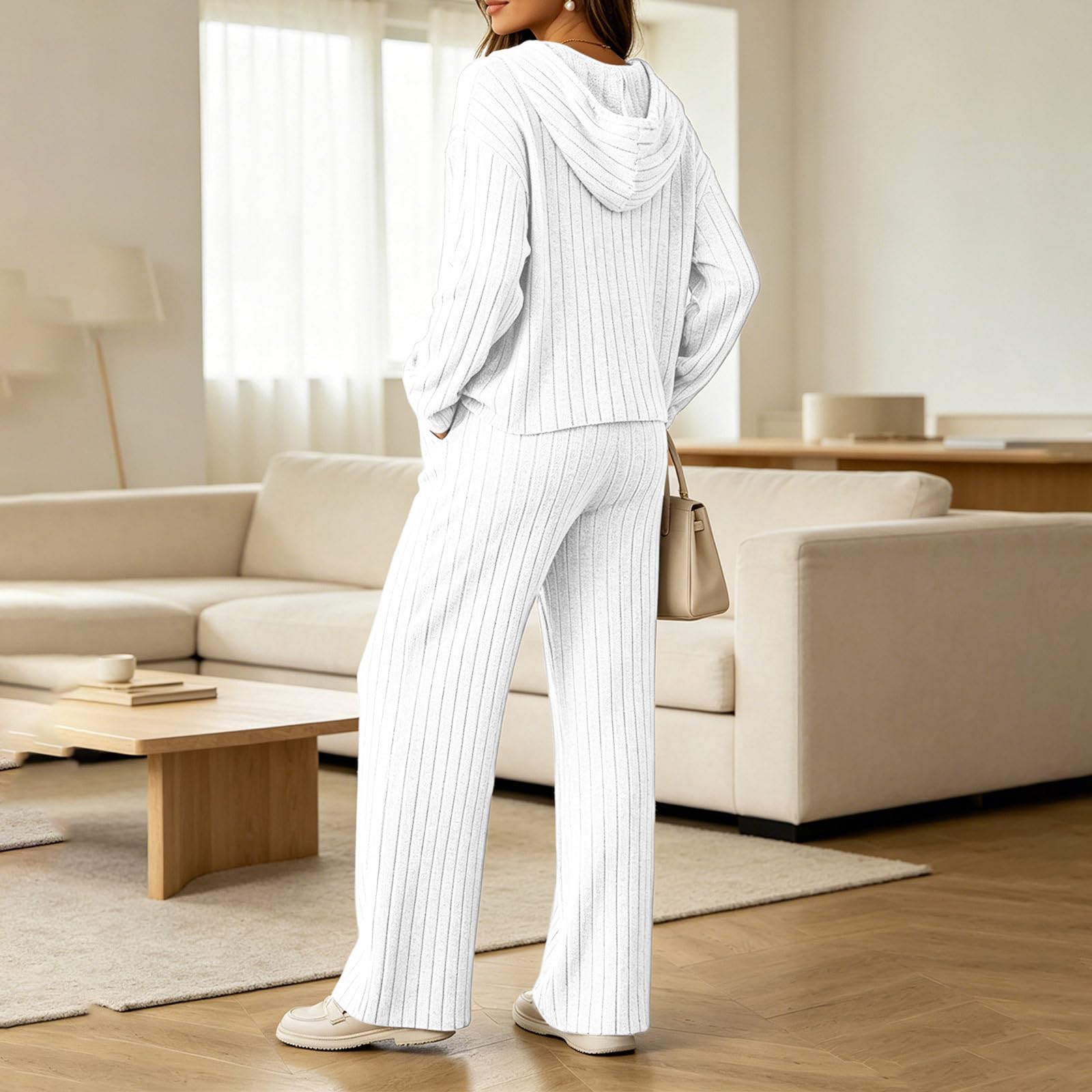 Ensemble Femme Tricot Côtelé Pull À Capuche Pantalon Droit 2 Pièces Ensemble Jogging Femme Hiver Automne Grandes Tailles Vêtement De Nuit Doux Tenue Interieur Chic Et Elegant