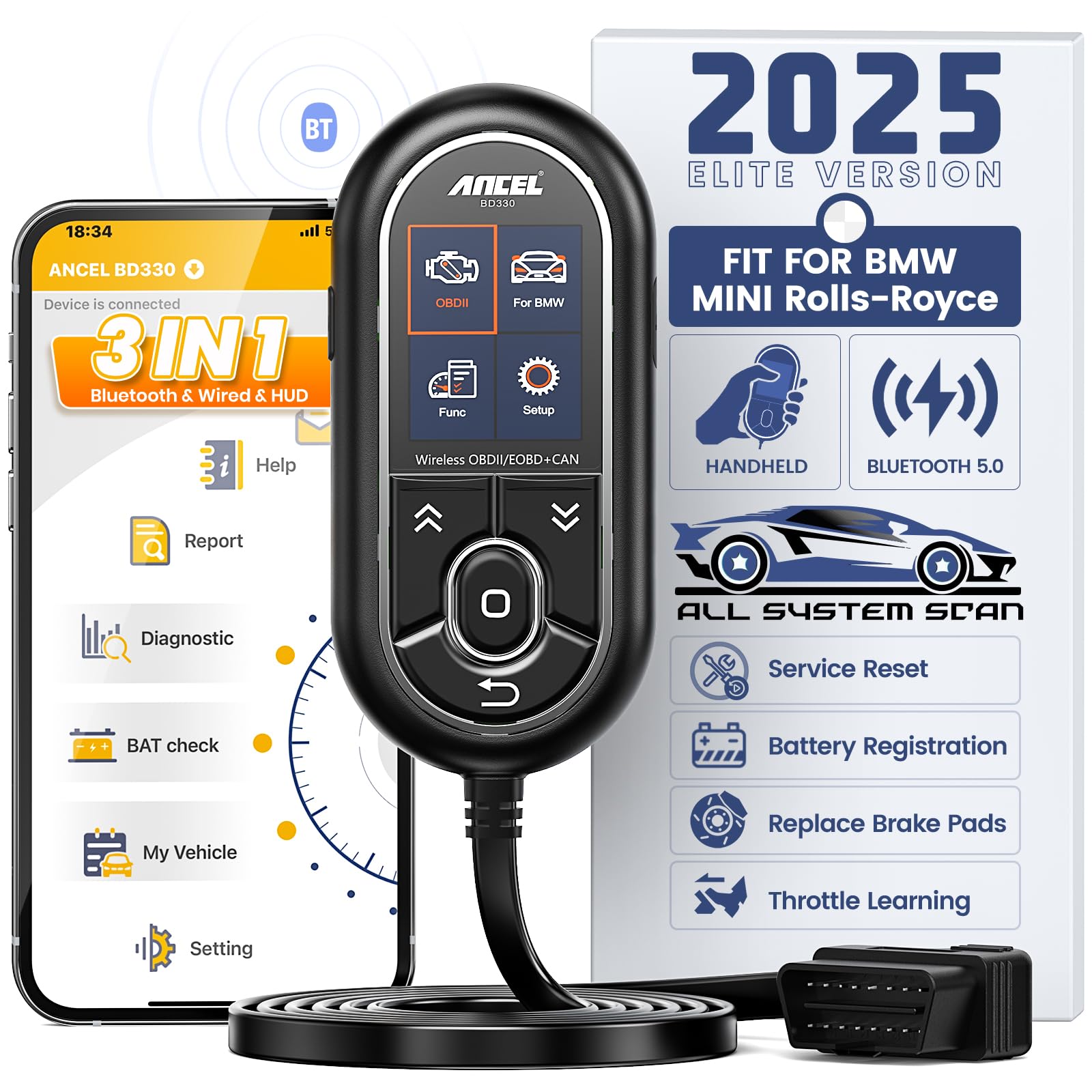 (Upgraded BD310 for BMW) ANCEL BD330 OBD2 Scanner Bluetooth,Full-System Diagnostic Tool with Battery Registration, EPB/Oil/Throttle Reset, 3-in-1 Bluetooth Wired HUD Code Reader for iOS & Android