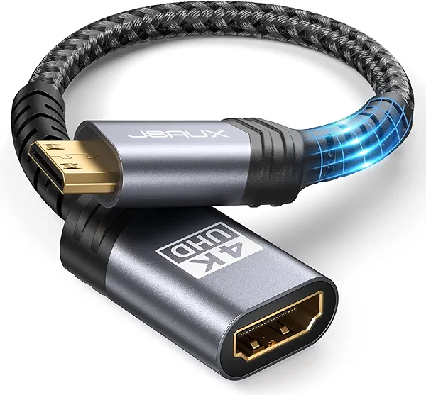 JSAUX Mini HDMI to HDMI Adapter, Mini HDMI Male to HDMI Female Cable with 4K 60Hz HDR 3D 18Gbps, Compatible with Camera, Camcorder, Raspberry Pi Zero, Laptop, Tablet-Gray
