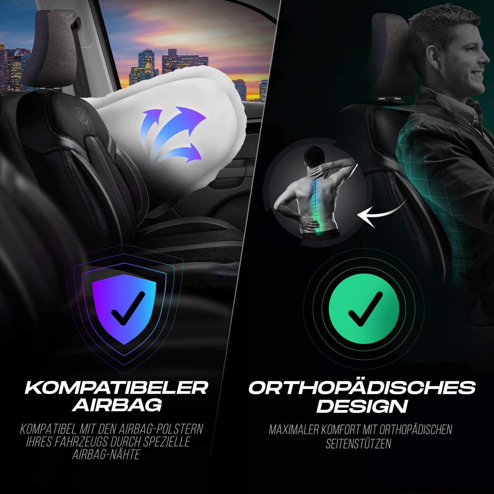 Autositzbezüge Universal für PKW & SUV – Premium Vordersitze Auto Sitzbezug aus Alcantara, Schwarz-Grau, Airbag-Kompatibel Sitzauflage, Autoschonbezug, Vordersitz-Set inkl. Montageset