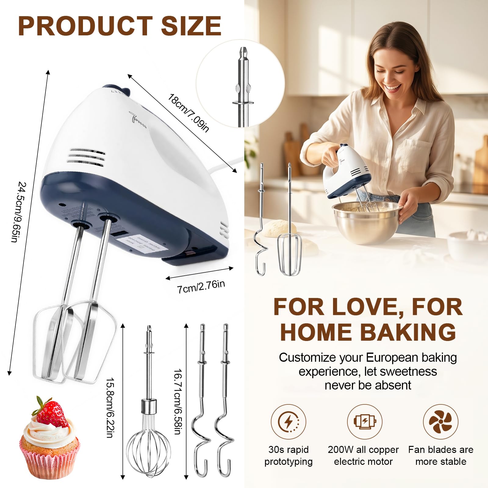 CEWROM Frullatore elettrico a mano, piccolo miscelatore alimentare a 5 velocità, 304 accessori in acciaio inox (1 frusta, 2 fruste, 2 ganci per impasto), ideale per applicazioni in cucina e