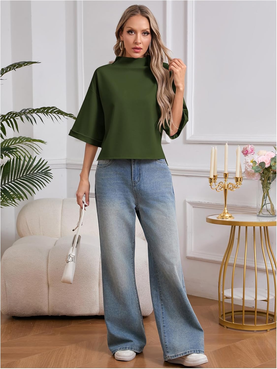 SweatyRocks Women's 3/4 Sleeve Mock Neck Basic Loose T-Shirt Elegant Top - Image 7
