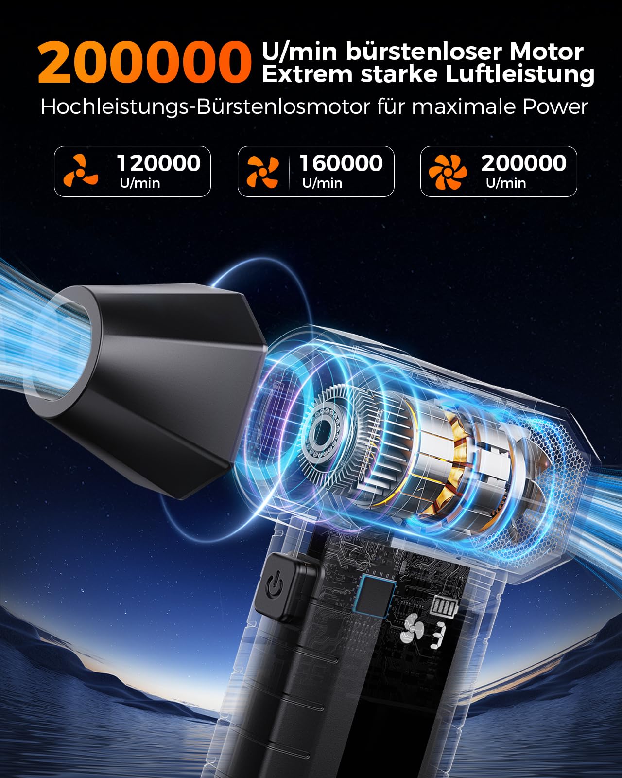 Elektrischer Air Duster 200.000 U/min Turbo Gebläse 10500 mAh Akku für PC Reinigung & Tastatur