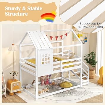 Giantex Twin Bunk Beds with Stairs, Floor House Bed with Roof & Window, Solid Wood Twin Over Twin Bunk Bed with Full-Length Guardrails and Steps, Space-Saving House Bed for Kids, Girls, Boys, White