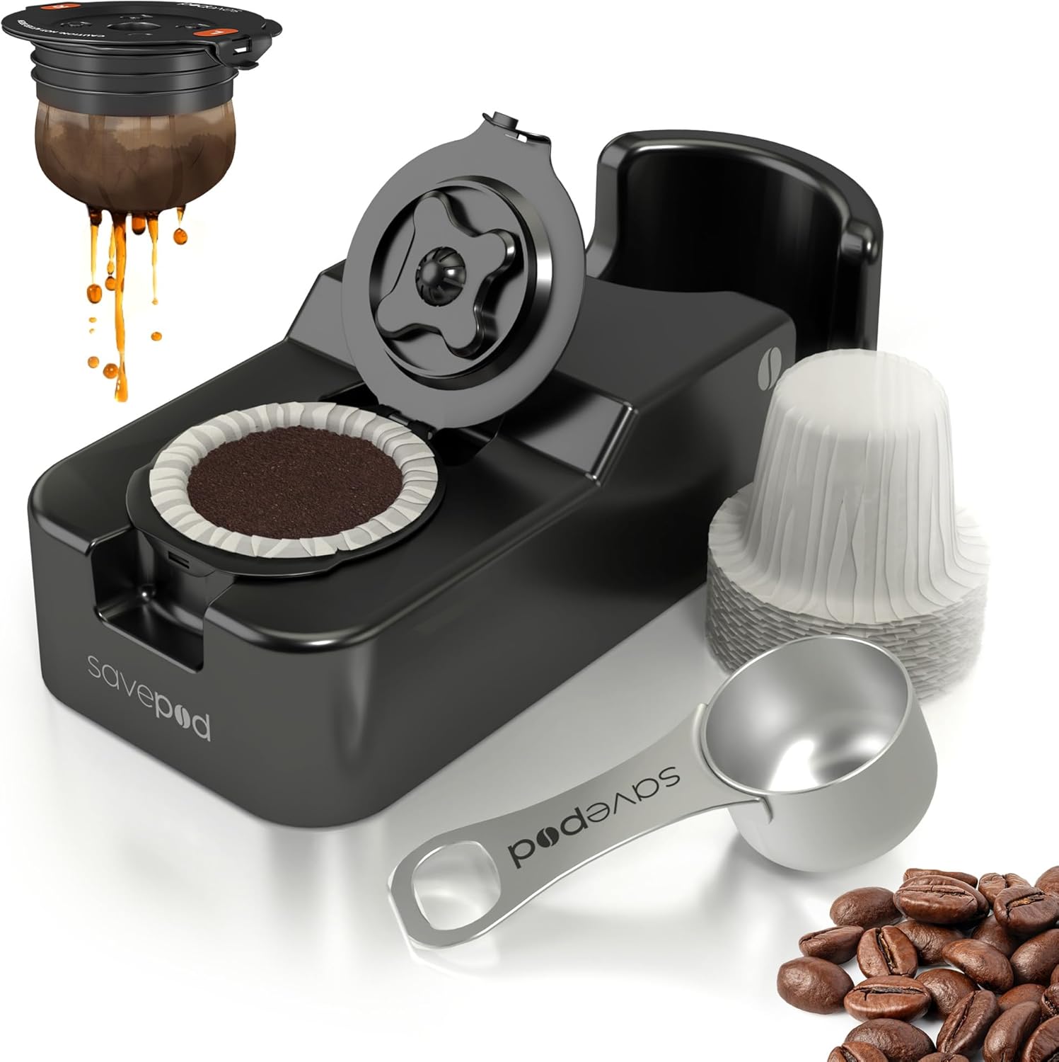 Savepod Coffee Pod Maker – Lite Reusable Pod Maker Kit Includes Universal Ring, Stainless Steel Scoop, 50 Compostable Filters & Manual PodMaker for Keurig Coffee Maker, Easy Daily Coffee Refill