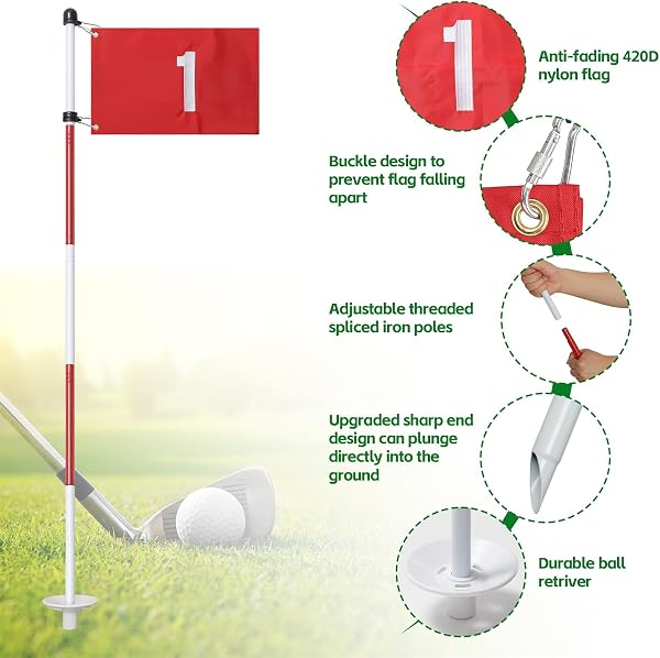Lot de 3 drapeaux de golf verts de 188 cm, drapeaux de golf pour cour, golf, drapeau pour terrain de conduite, lot de 3 - 5