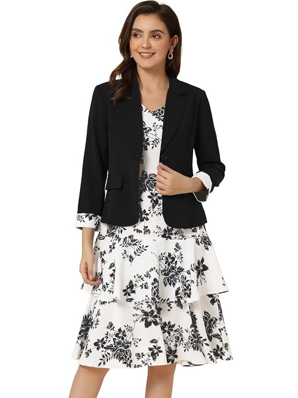 Allegra K Women's Suits 2 Piece Dress Set V Neck Floral Print Sleeveless Dress and 3/4 Sleeve Blazer Business Casual Suit Dresses Small Black by Allegra K - Used condition - US$51.38