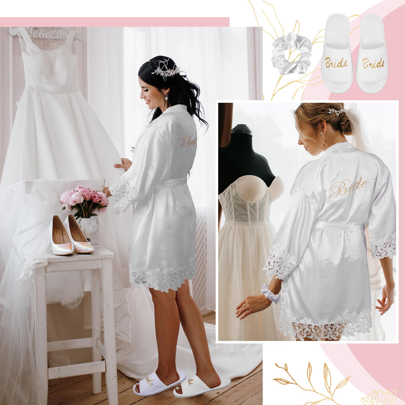 BBTO Juego de 4 Regalos de Novia Regalos de Despedidas de Soltera Bata de Novia de Satén Blanco con Encaje Dorado Bolsa Zapatillas Lazo de Pelo Blanco para Boda Compromiso Spa