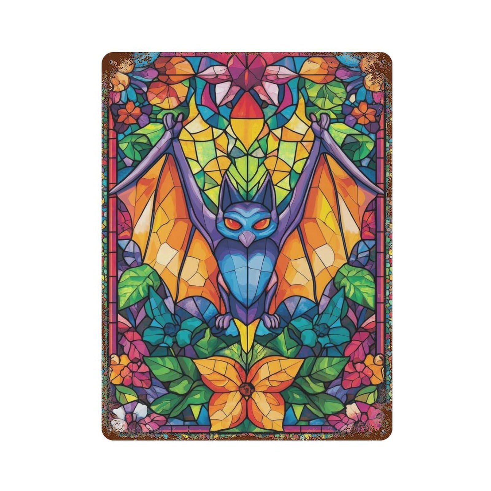 Stained Glass Bat Aged Metal Wall Plaque 15.7"x11.8", Decorative Metal Wall Art for Garage, Pub Or Kitchen