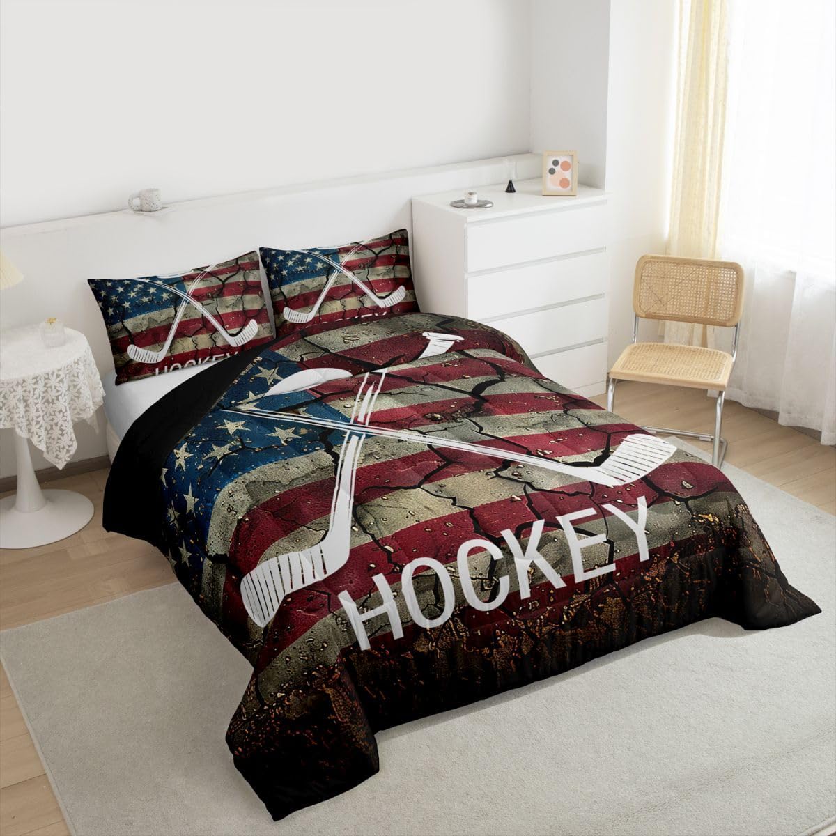 Erosebridal Ice Hockey Comforter Set Twin Size, American Flag Duvet Insert for Kids Boys Teens, Hockey Sports Game Bedding Set United States Federations Stars Stripes Retro Quilt with 1 Pillow Case