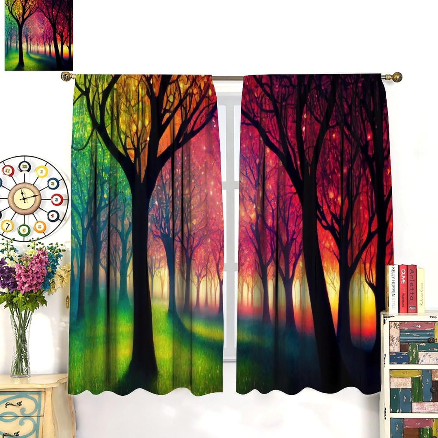 Forest Blackout Curtains, Dream Colourful Magic Forest Fairy Tale Plants Neon Trees Art Aesthetics Print Rod Pocket Window Treatments Drapes for Bedroom Kitchen Living Room 42" W X 45" L