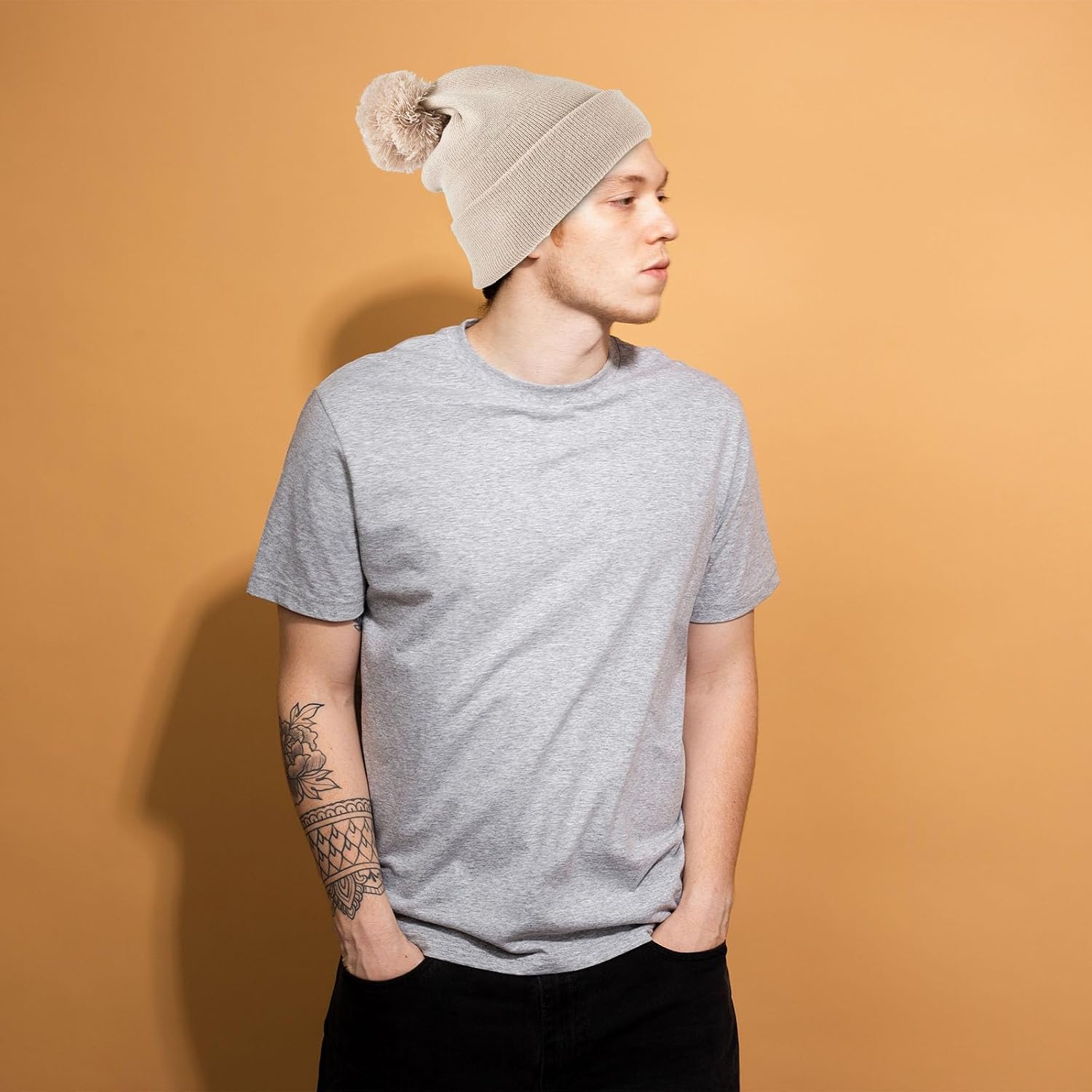Geyoga 2 Pcs Pom Beanie Hat Men Women Winter Hat Pom Knit Cap Beanies with Ball at Top Acrylic Winter Cap with Cuff