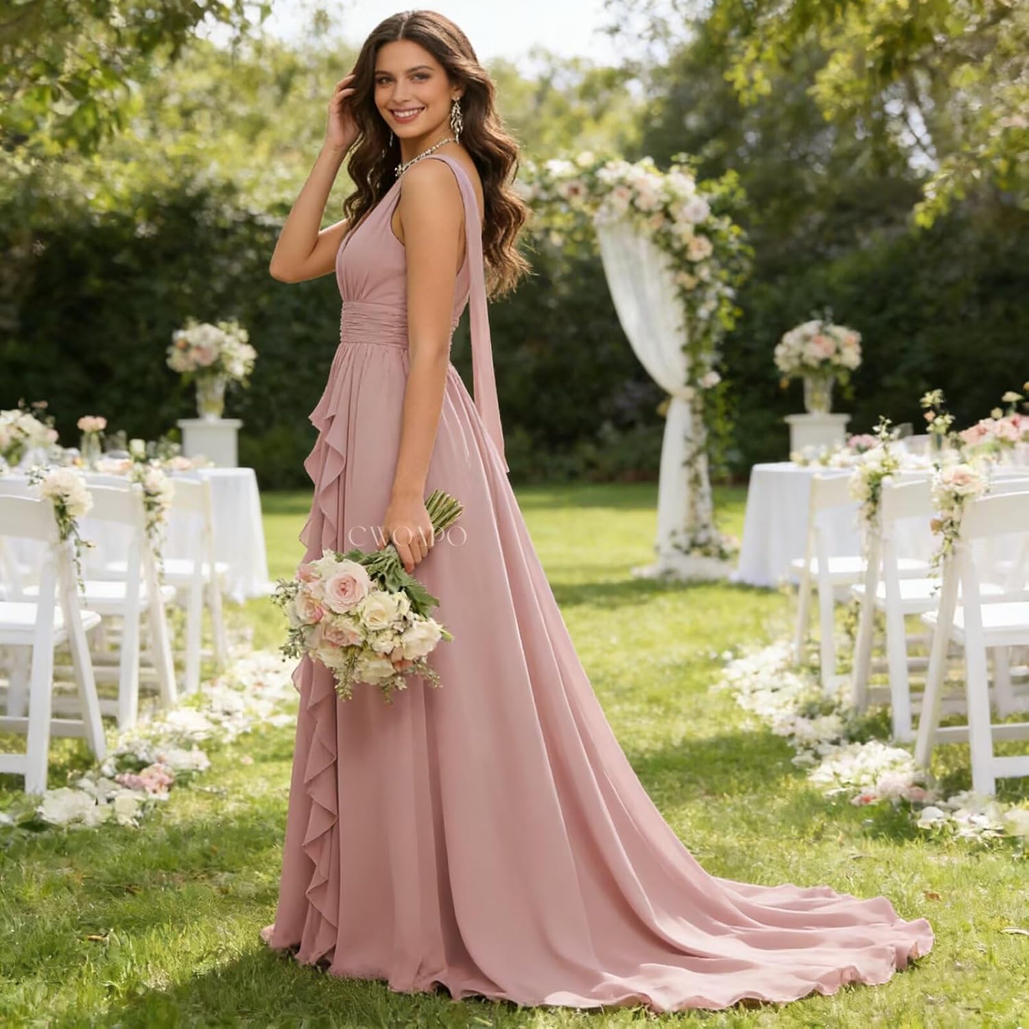 CWOAPO Ruffles Bridesmaid Dresses for Women Long Chiffon V Neck Ruched Empire Waist Formal Evening Gowns