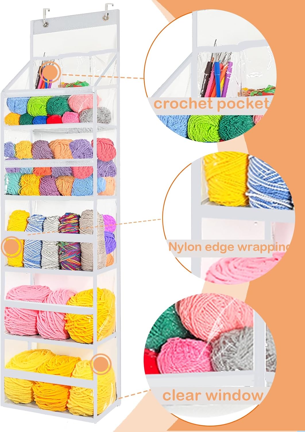 Over the Door Hanging Yarn Storage Organizer - Hold 50+ Yarn Balls, PVC Knitting Organizer Bag with Metal Hooks, 5 Tier Behind Door Yarn Holder for Crochet/Knitting Needles(Clear White), 1 Pack