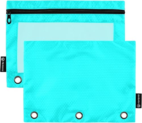 Estuche cian con cremallera para lápices de 3 anillos con ventana transparente, estuche de 2 unidades, color cian