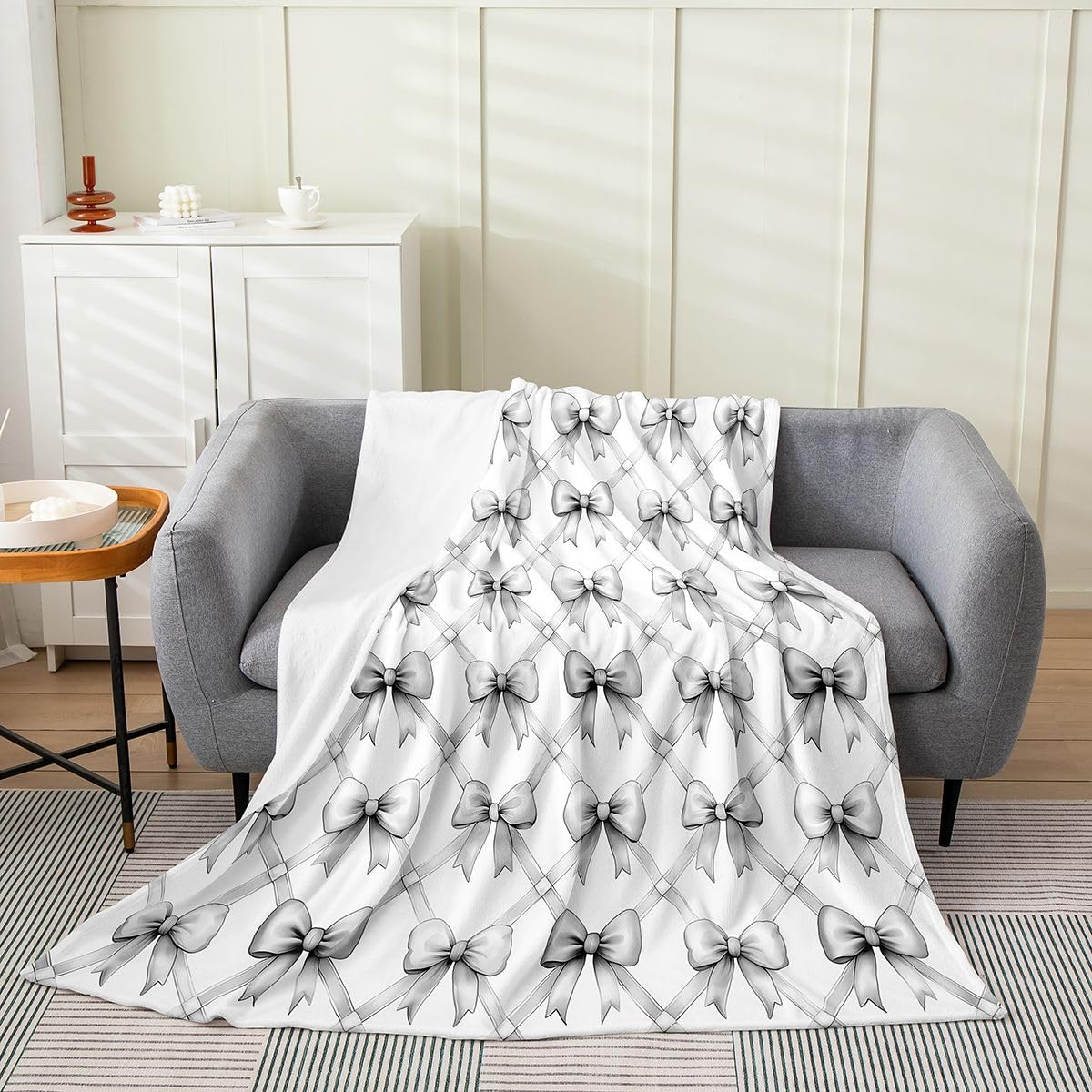 Castle Fairy Grey Bowknot Flannel Blanket for Kids,Dreamy Princess Style Fleece Throw Blanket for Bedroom Sofa Dorm Decor,Watercolor Bow Geometric Grids Bedding Set,Baby (30 x 40 Inches)