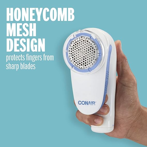 Conair Lint Remover, Battery-Operated Bobble Remover for Clothes and Fabrics, Ergonomic Handle, Large Head Fabric Shaver, White/Blue, CLS1XU