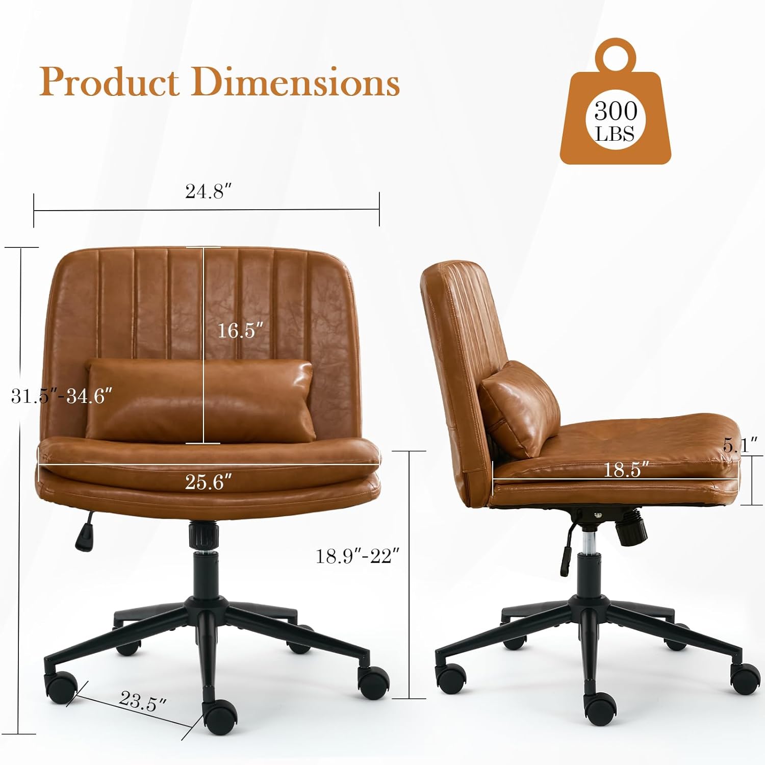 Criss Cross Chair with Wheels, Armless Comfy Thickened Cushion Wide Seat Cross Legged Office Chair with Pillow, Adjustable Swivel Mid Back Computer Task Vanity Home Office Desk Chair (PU, Brown)