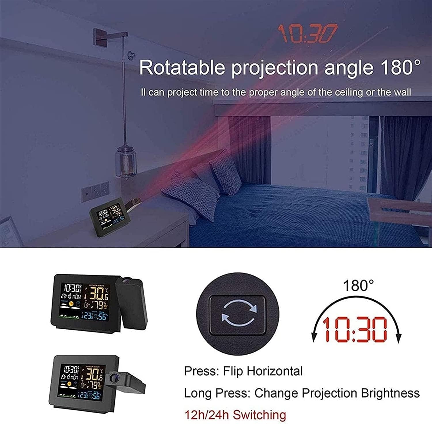 Projection Alarm Clock, Digital Clock Projector on Ceiling with Indoor/Outdoor Temperature Display, Dual Alarms, Colored Backlight, Weather Forecast