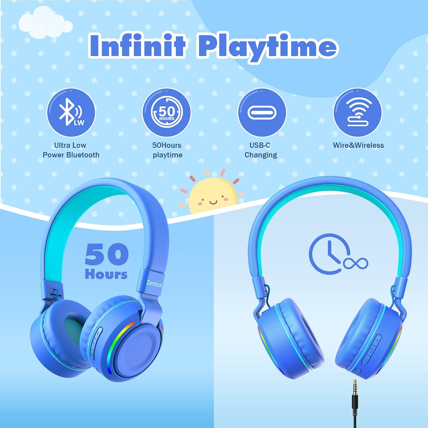 Zamkol ZH300 Pro headphones illustrating 50 hours playtime and USB-C charging