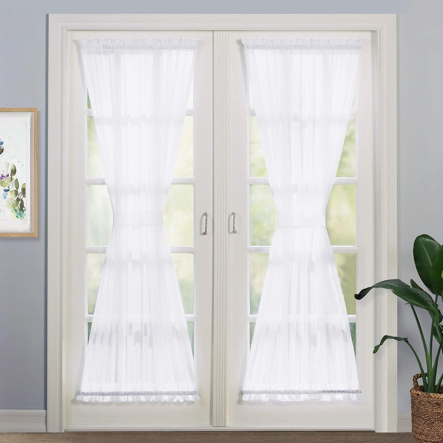 NICETOWN Door Window Sheer for Kitchen - Voile Glass Door Curtain Panel, Long Door Window Drape with Tieback, 60 inches Wide x 72 inches Long, White, 1 Panel