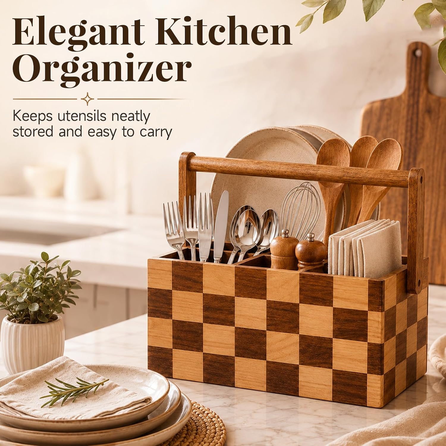 SiliFine Acacia Checkered Silverware Caddy, Utensil Holder with Handle image 4