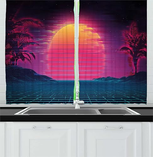 Ambesonne Synthwave Long Kitchen Curtains, Retro Futurism Inspired Illustration Artwork with Sun and Palms, Two Panels Drapes with Rod Pocket Room