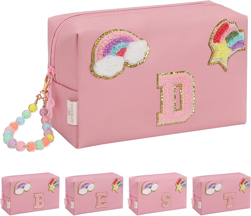 Necessaire de maquiagem onemoky com inicial, estampa de arco-íris e estrela, pulseira removível, rosa, Zbag1142
