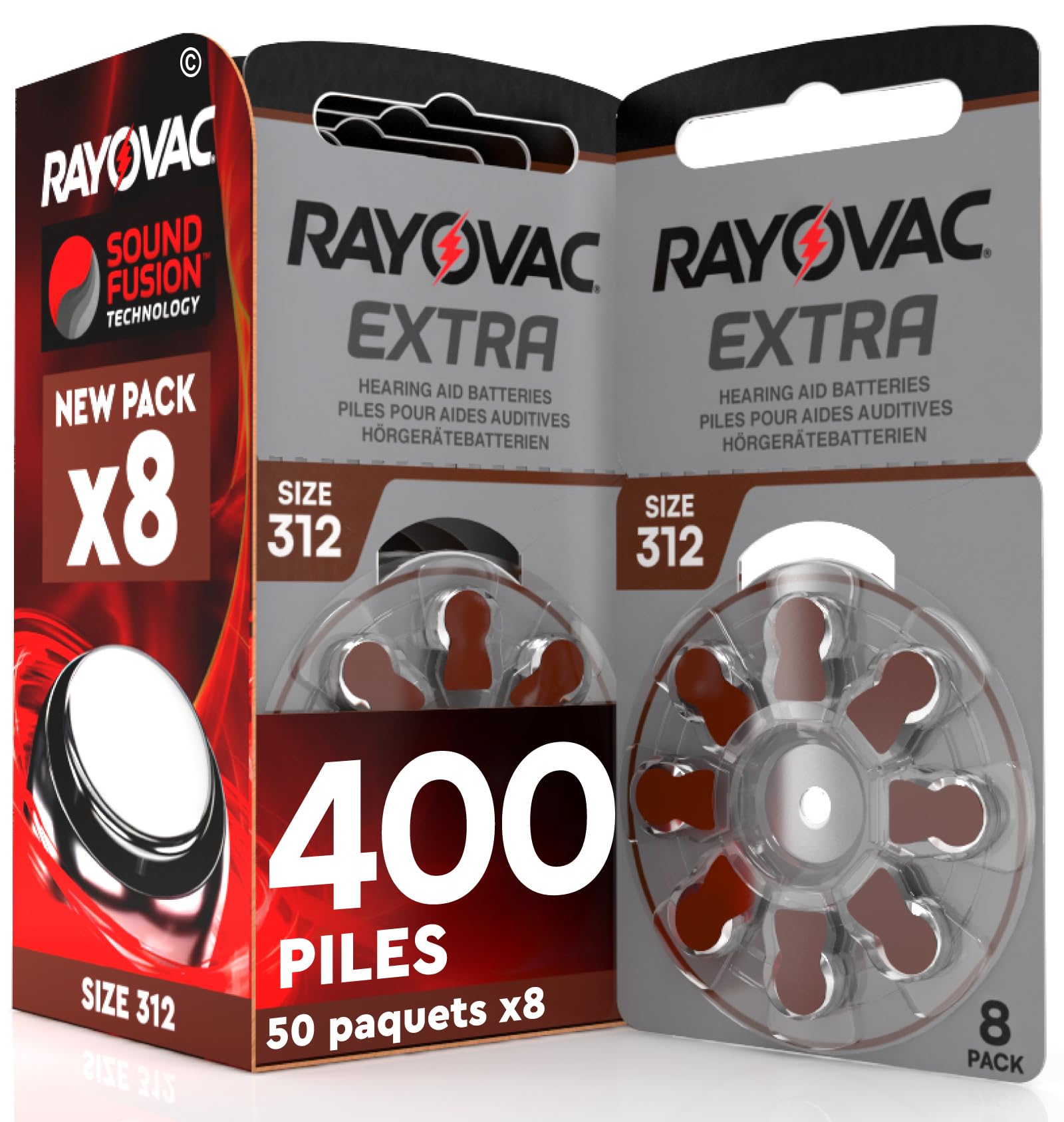 400 Piles Auditives Rayovac Extra 312 PR41 Brun Udivita - 50 Blisters de 8 Piles