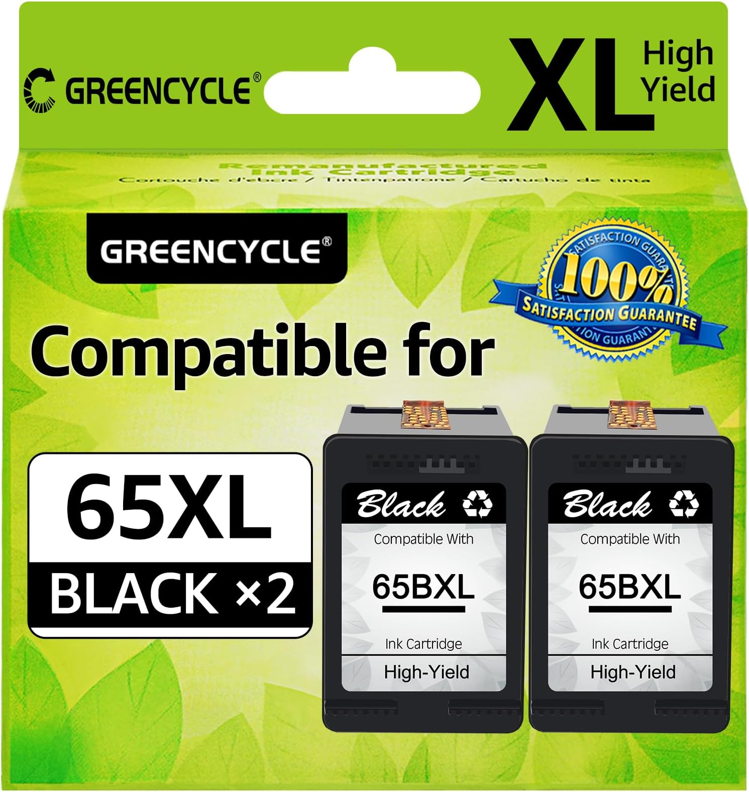 GREENCYCLE Re-Manufactured 65XL 65BXL Ink Cartridge Compatible for HP Envy 5058 5055 5052 Deskjet 2622 2624 2652 2655 3752 3755 3758 3720 3721 3730 Printers, with New Version chip (Black,2 Pack)