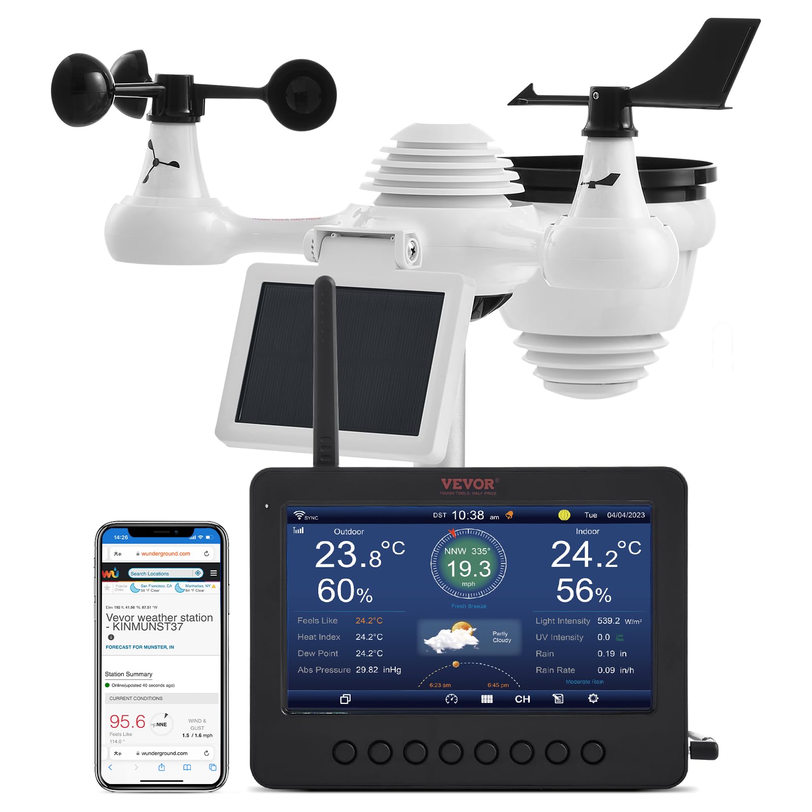 VEVOR7-in-1 Wi-Fi Weather Station, 7" TFT Color Display, Wireless Weather Station with Solar-Powered Sensor, Indoor Outdoor Monitoring for Temperature, Humidity, Wind Speed Direction, and Rainfall