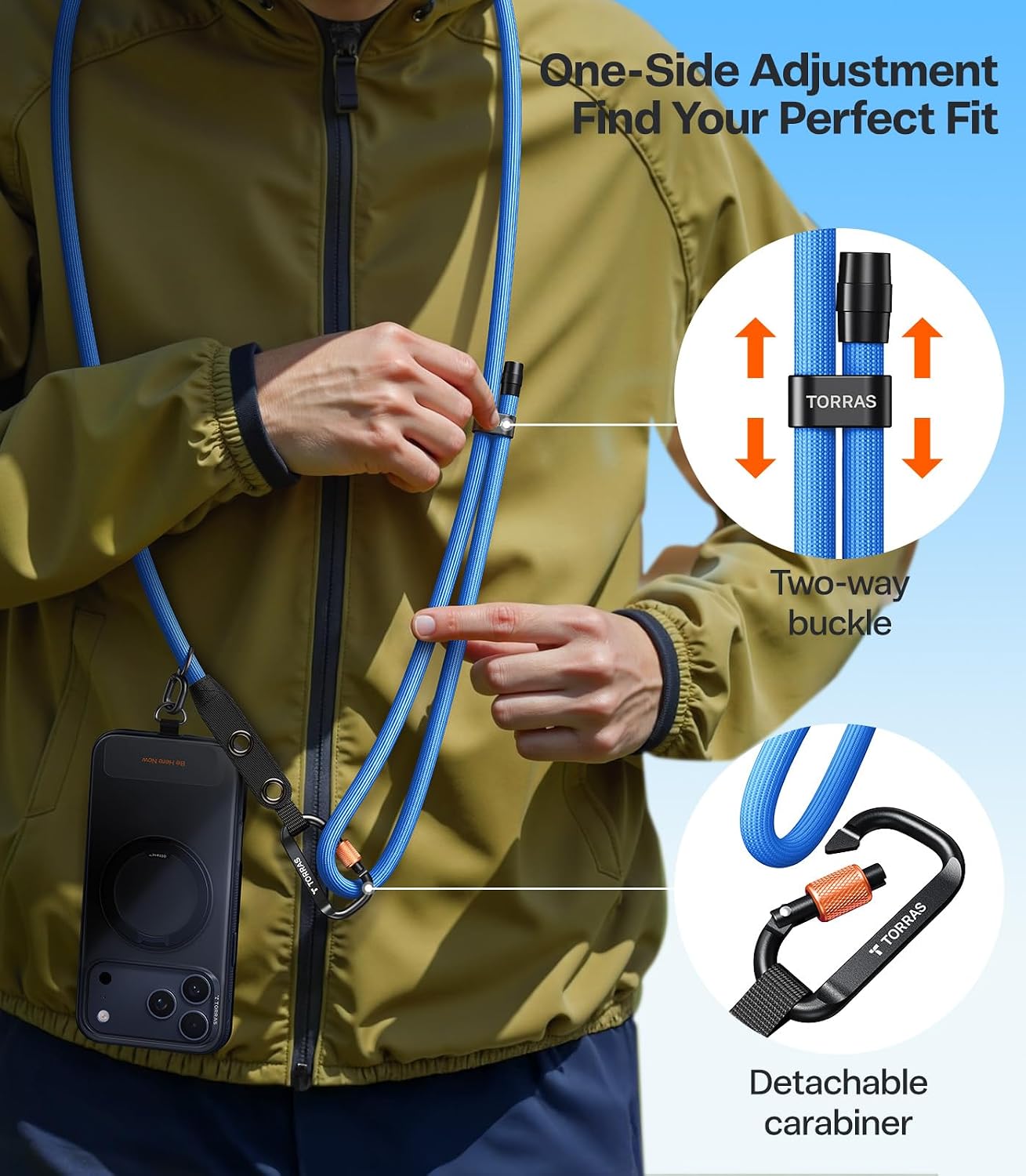 TORRAS Phone Lanyard with Hanging Loops, Adjustable Anti Theft Phone Strap Crossbody for iPhone 17 Pro Max,Skin-Friendly,2 Tabs, Universal Cell Phone Neck Lanyard for Daily & Outdoor Activities, Blue